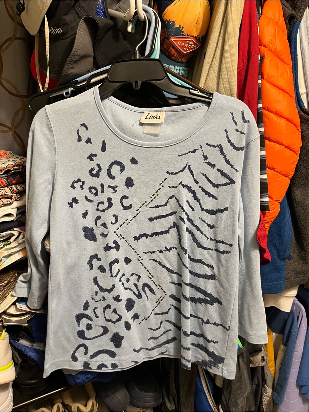 Links Light Blue Top with Navy Animal Print Accents